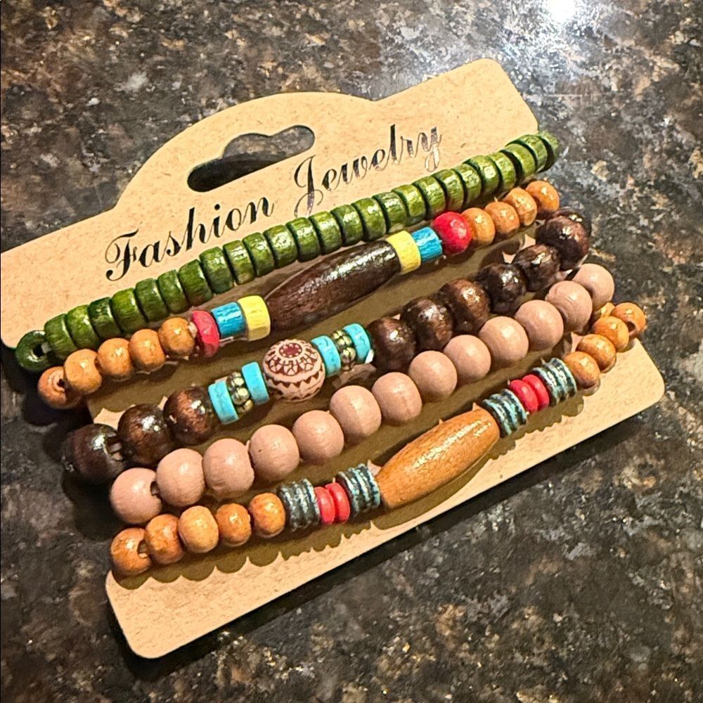 Set of Wooden Beaded Bracelets Pack of (5) BRAND NEW - Stretch Bracelet